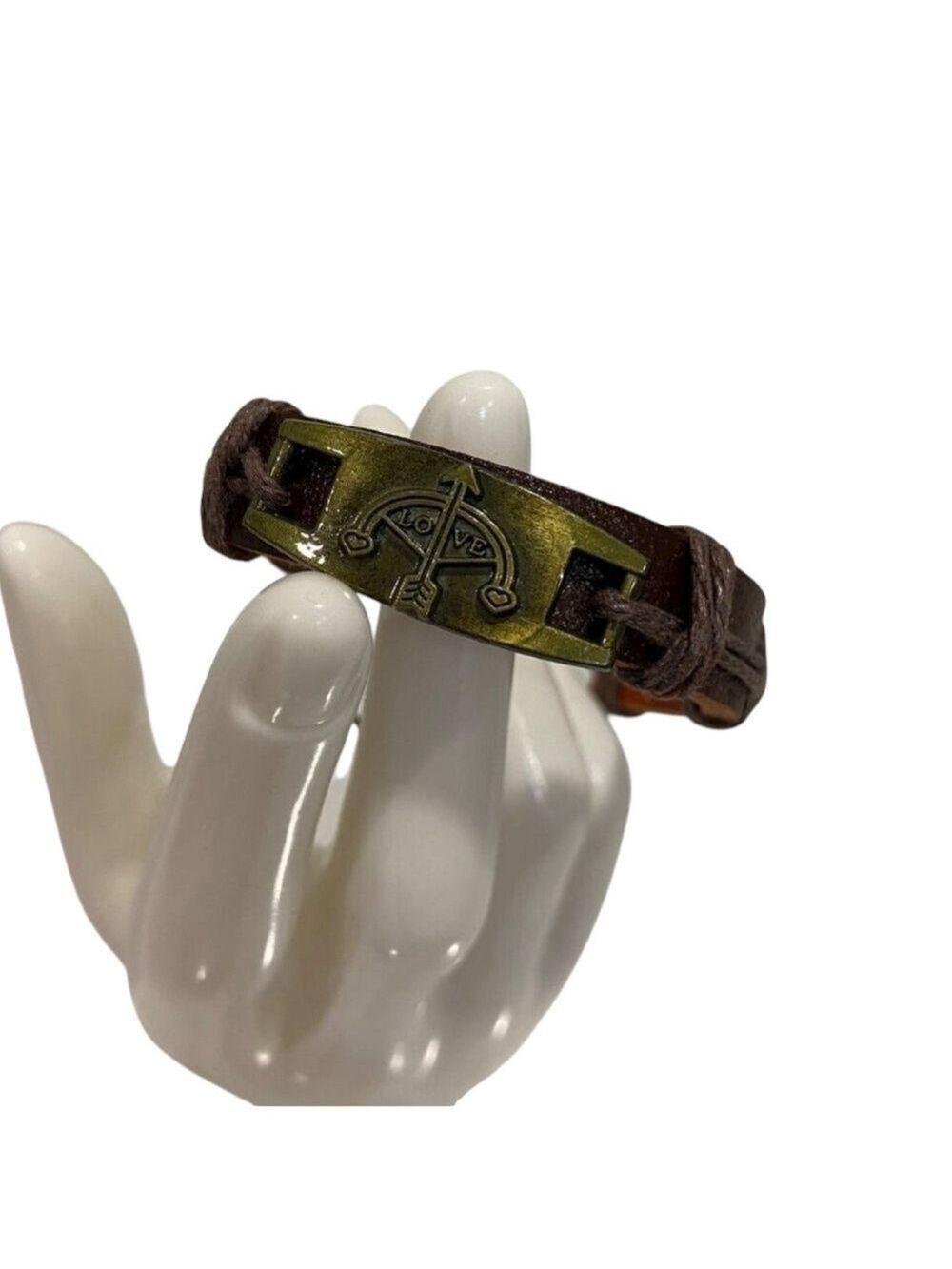 Love Sign Cupids Bow Bracelet Brown genuine Leather Adjustable Wristband